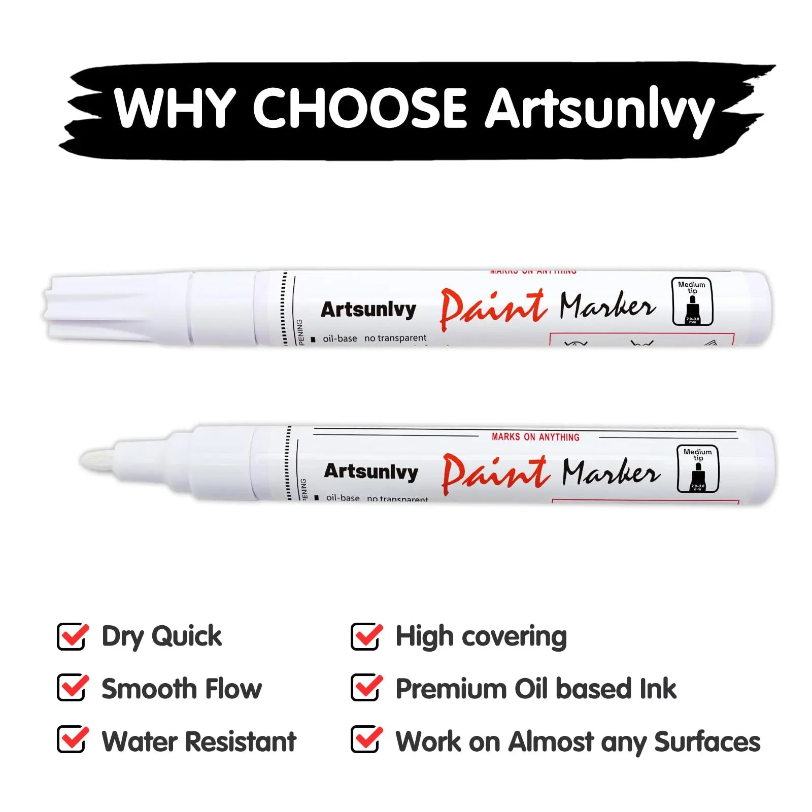 Artsunlvy White Paint Pens marking pens Permanent Markers - 2 Pack Oil Based Waterproof Markers for Tire, Rubber,Wood, Rocks, Metal, Canvas,Plastic, Dark Surface,Craft office Supplies,Medium Point