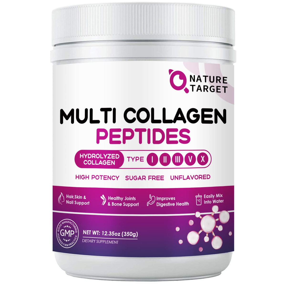 NATURE TARGET Multi Kollagenpeptide Pulver – Typ I, II, III, V, X – Hydrolysiertes Kollagenpeptide mit Vitamin C Hyaluronsäure, unterstützt Haut, Haare, Nägel & Gelenke, grasgefüttert, gentechnikfrei, 35 Portionen