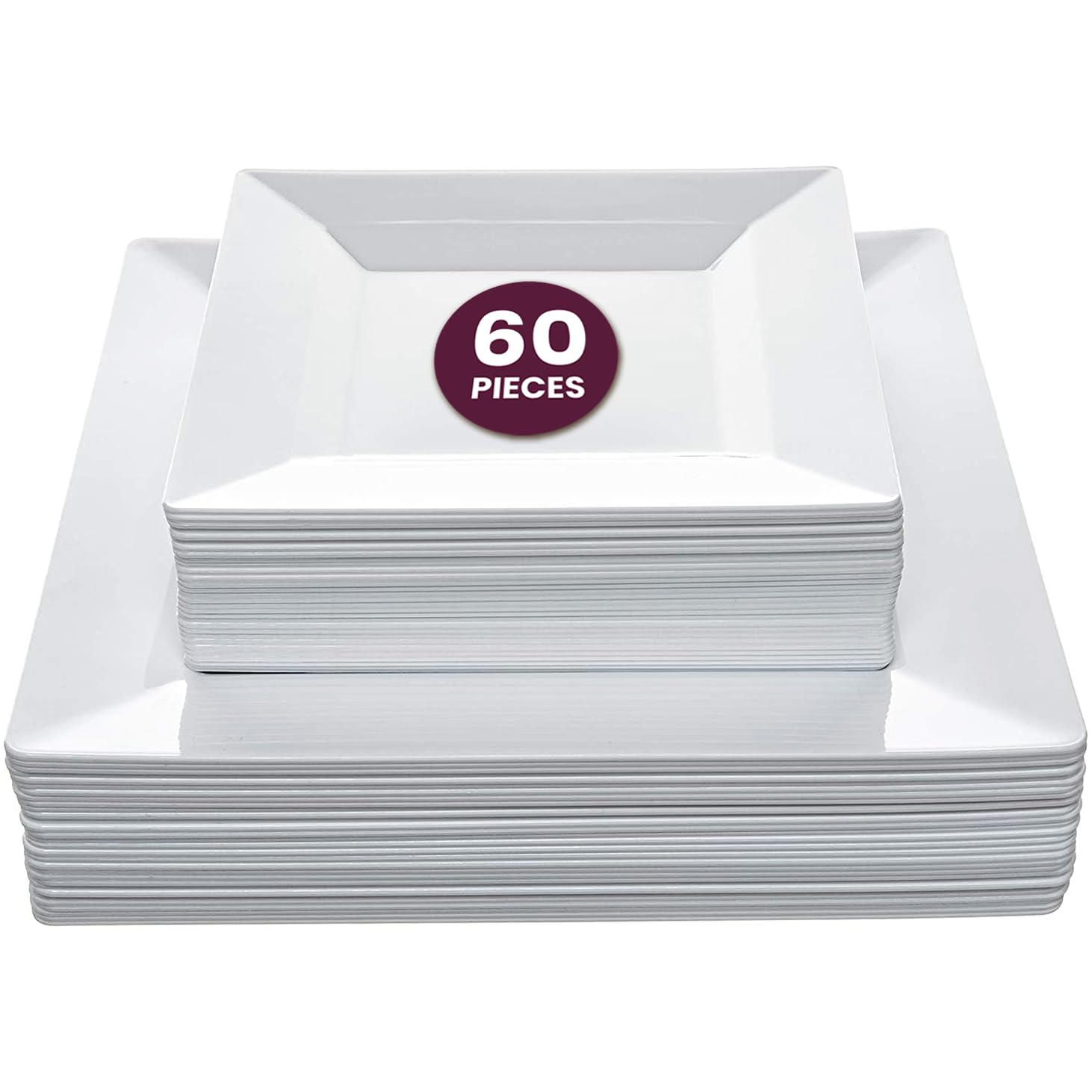 Aya's 60ct White Square Disposable Plates - Heavy Duty Plastic Party Plates for Christmas, Thanksgiving (30 Dinner & 30 Salad)