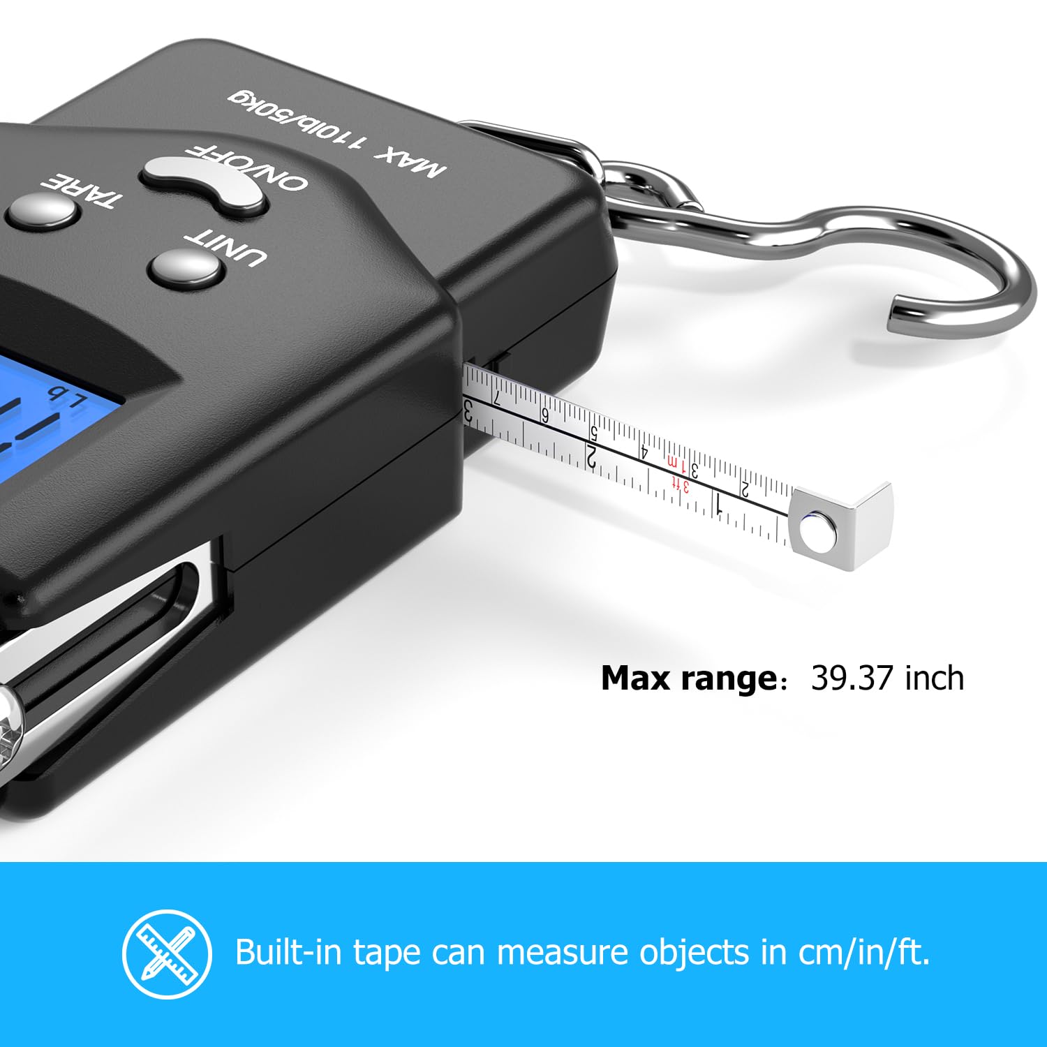 Dr.meter Fish Scale Luggage Scale Fishing Gear - 110lb/50kg Backlit LCD Display Digital Scale with Built-in Measuring Tape - Fishing Scale with 2 AAA Batteries, Pocket Size - Fishing Gifts for Men