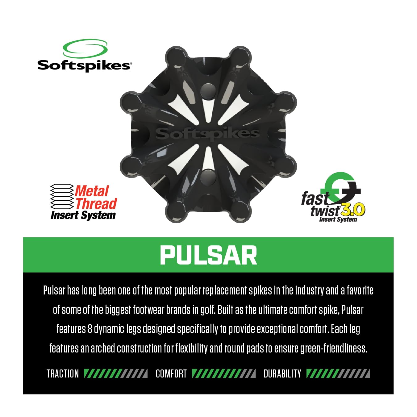 Softspikes Pulsar Golf Cleats Fast Twist 3.0 - 18 Count Clamshell , Black