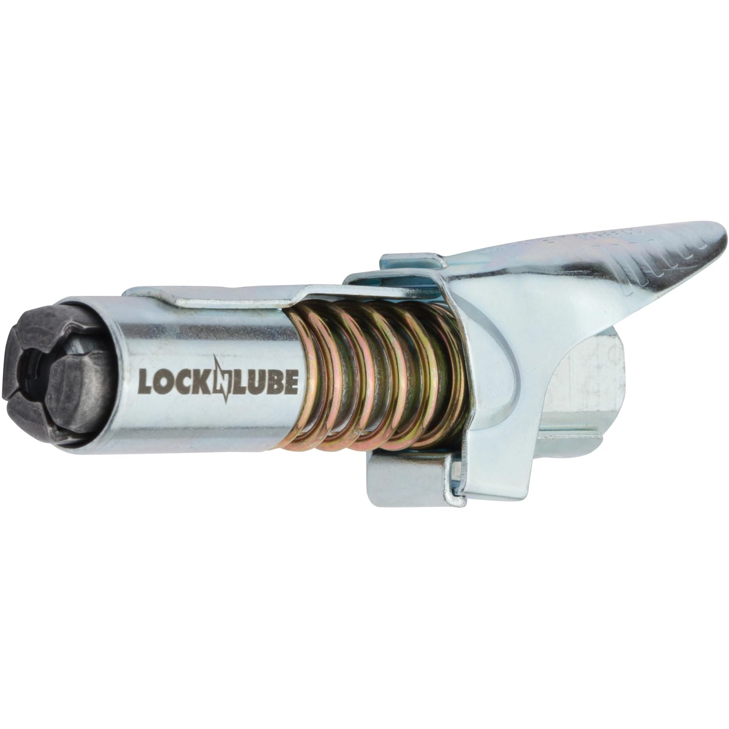 LockNLube Grease Gun Coupler locks onto Zerk fittings. Grease goes in, not on the machine. World's best-selling original locking grease coupler. Rated 10,000 PSI. Long-lasting rebuildable tool.