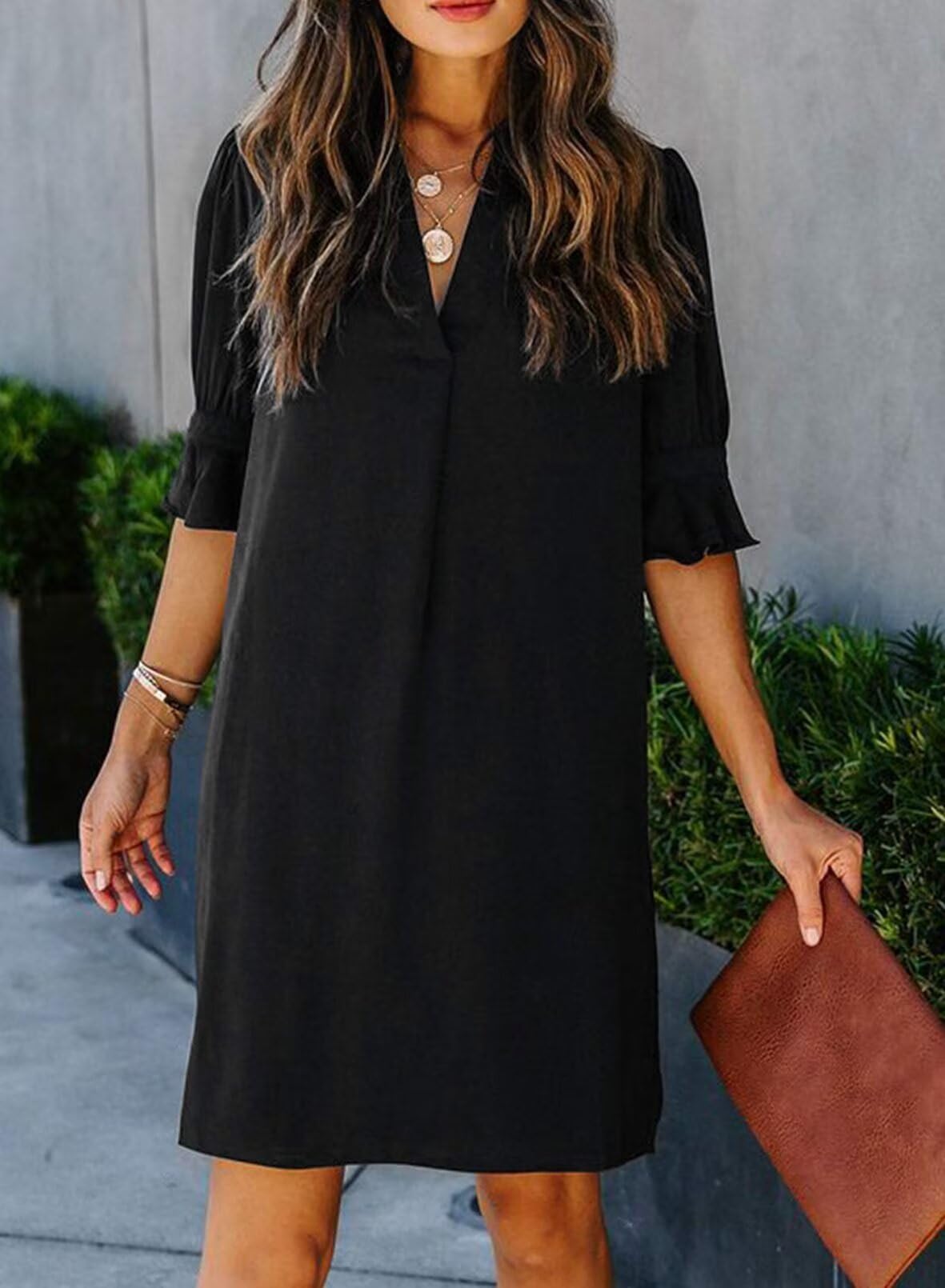 QACOHU Summer Dresses for Women 2025 Casual Ruffle Short Sleeve V-Neck Flowy Swing Shift Dress Black L