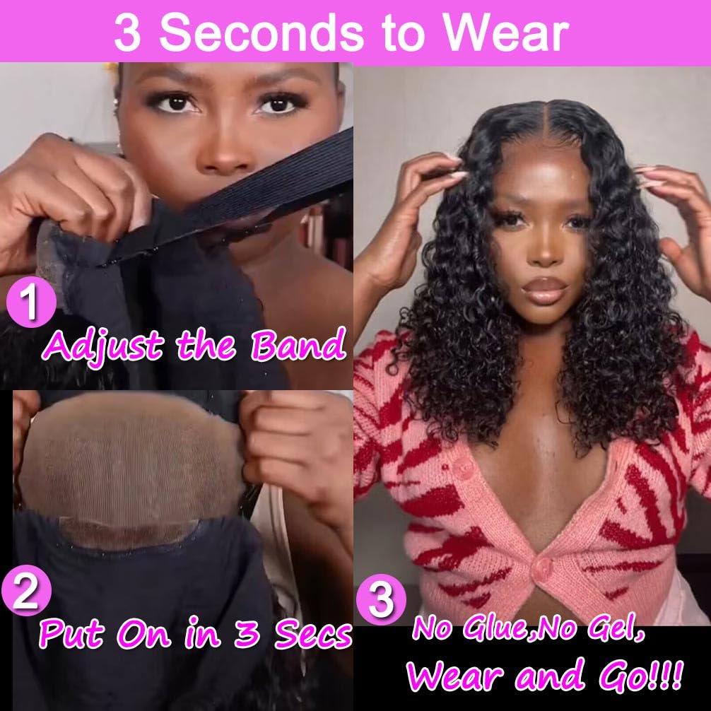 Srakuw Wear and Go Glueless Wigs Human Hair Pre Plucked Pre Cut Lace Front Wigs for Black Women 180 Density Water Wave Bob Wig Human Hair Curly Wig (14 Inch)