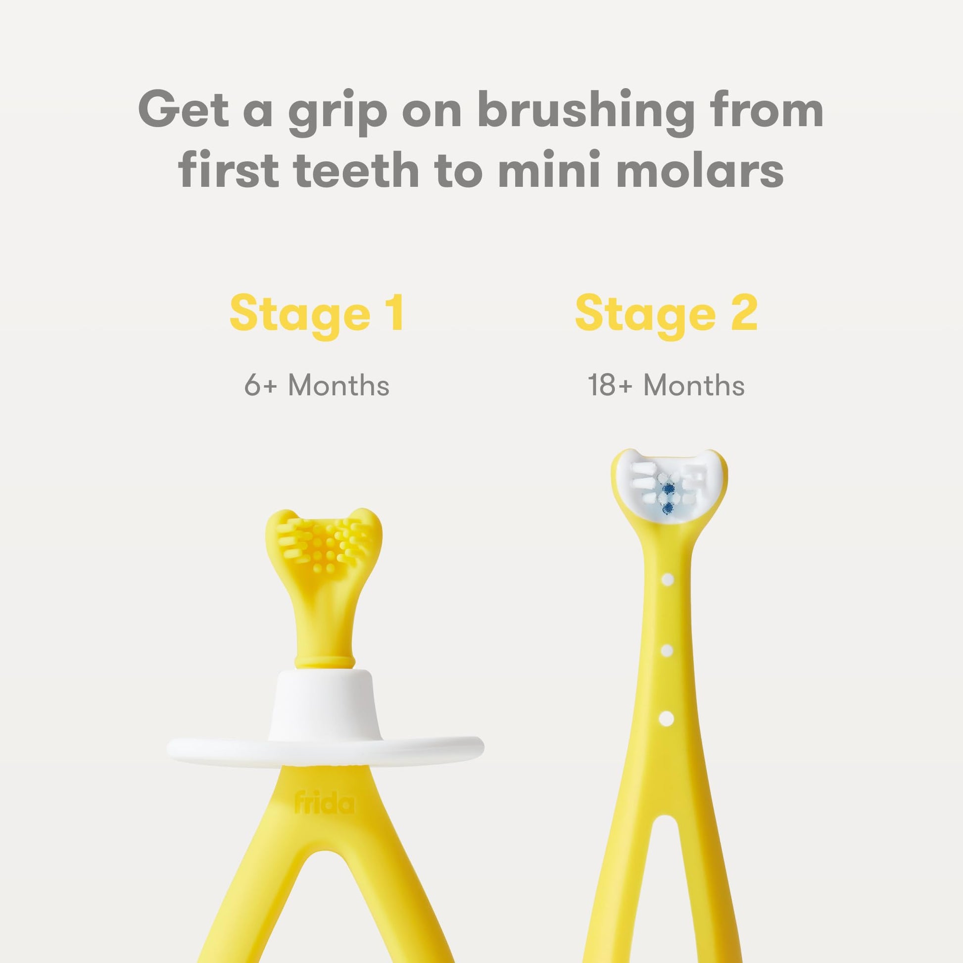 Frida Baby Grow-with-Me Baby Toothbrush Training Set | Infant to Toddler Toothbrush 0-12 months, Cleans All Sides at Once, Oral Care for Sensitive Gums | Yellow