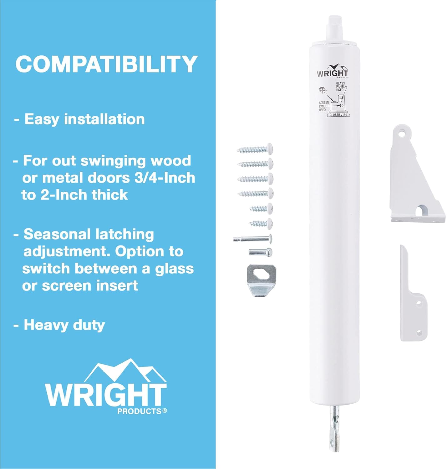 Wright Products Heavy-Duty Pneumatic Storm Door Closer – Durable, Adjustable, Quiet-Closing with Hold-Open Feature (Transitional, White)