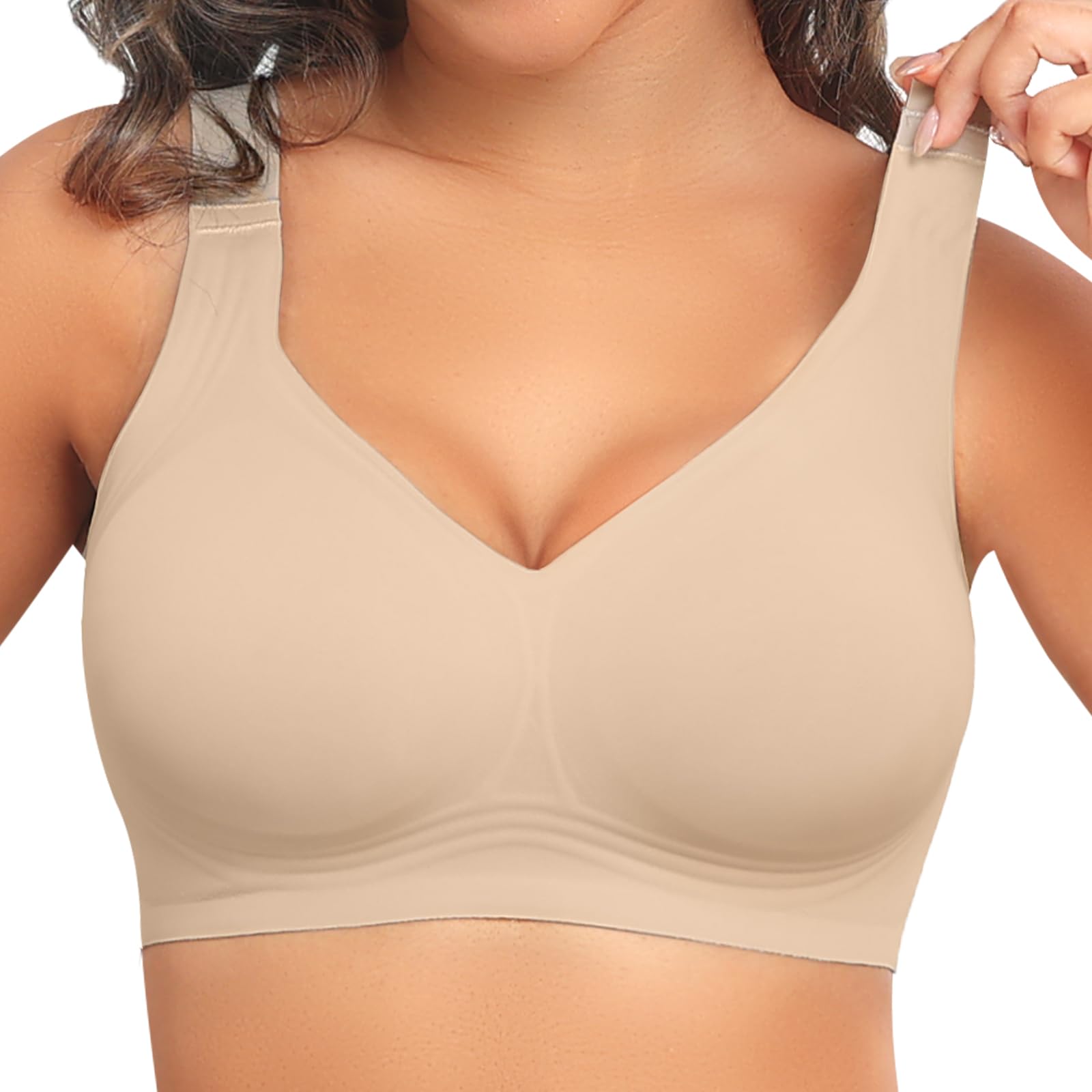 PoseFree Wireless Bras for Women Full Coverage Bra Full Support and Lift No Underwire Back Smoothing Bralette Everyday Bra (Nude,XL)