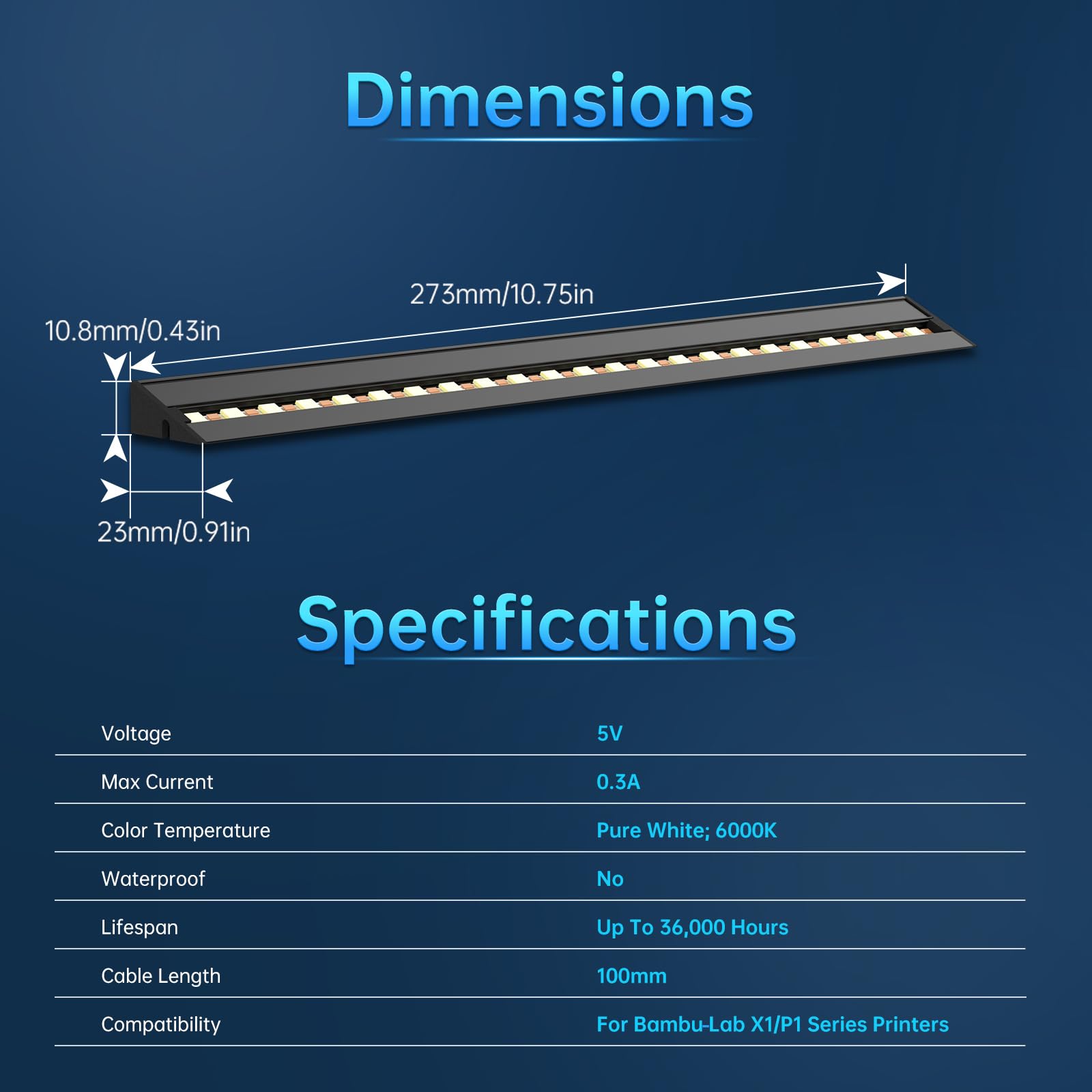 BIQU Panda Lux, Led Light Strip Upgrade Kit for Bambu-Lab P1S P1P X1C X1E 3D Printers, 5V 0.3A LED Light Bar, Magnetic Installation