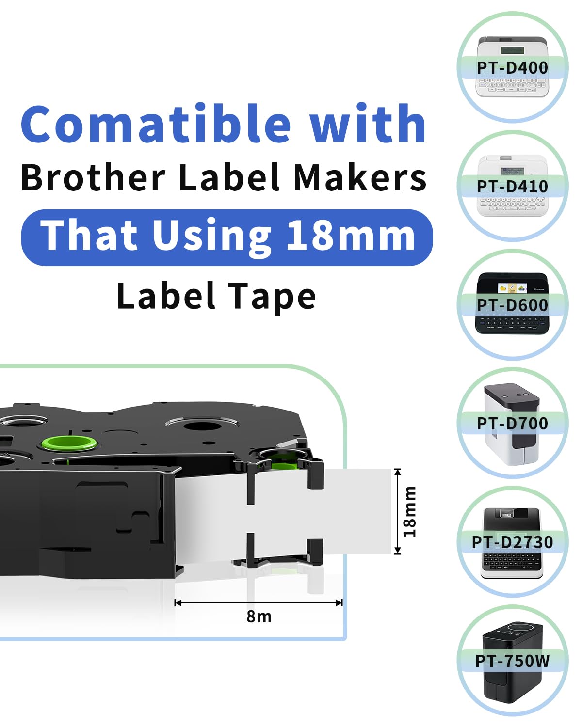 Oozmas 18mm Label Tape Replacement for TZe-241 Brother Label Maker Tape 18mm 0.7 Inch Tz Laminated White TZe241 P-Touch Black on White for PTD410 PT-D400 PT-D610BT PTD600 Refill, 3/4 Inch, 4 Pack