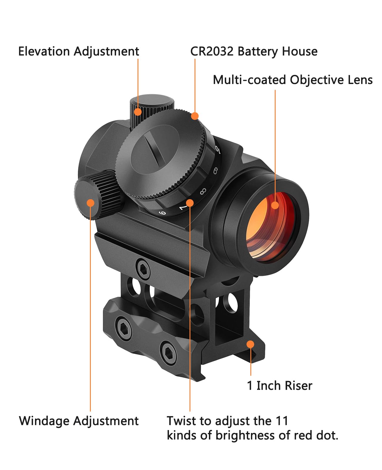 MidTen 2MOA Red Dot Sight, 1x25mm Reflex Sight Waterproof & Shockproof & Fog-Proof Red Dot Scope with 1 inch Riser Mount, Black