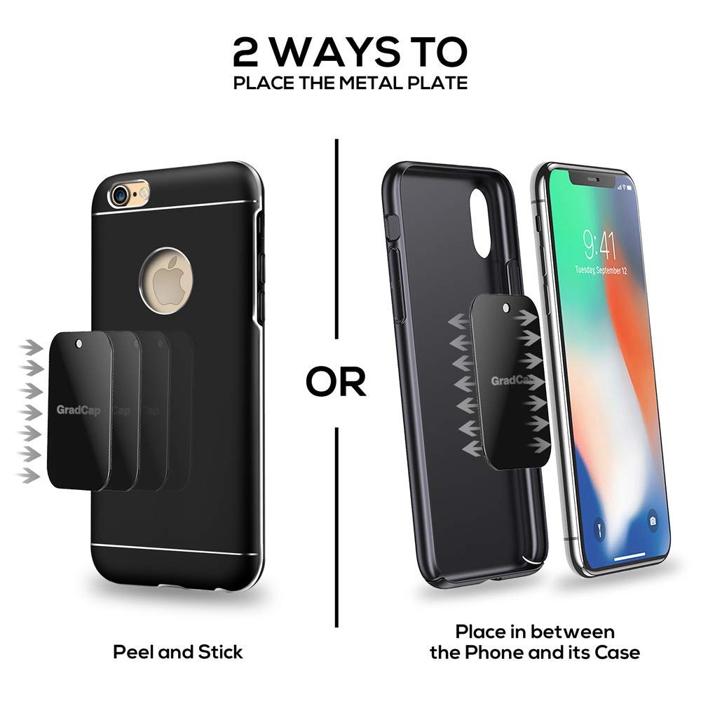 GradCap Metal Plate for Magnetic Phone Mount - 4 Packs Universal Ultra Thin Black Metal Disc w/Strong 3M Adhesive Sticker - Replacement Accessory Kit - 2 Rectangle (1.75"x2.5") & 2 Round (1.5"x1.5")