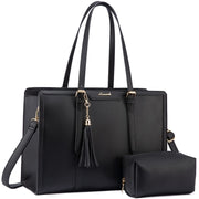 LOVEVOOK Laptop Bag for Women 15.6 inch Lightweight PU Laptop Tote Bag, Large Capacity Computer bag with Clutch Purse for Business, Work, Office, Travel, School,Casual(Black & Leather)