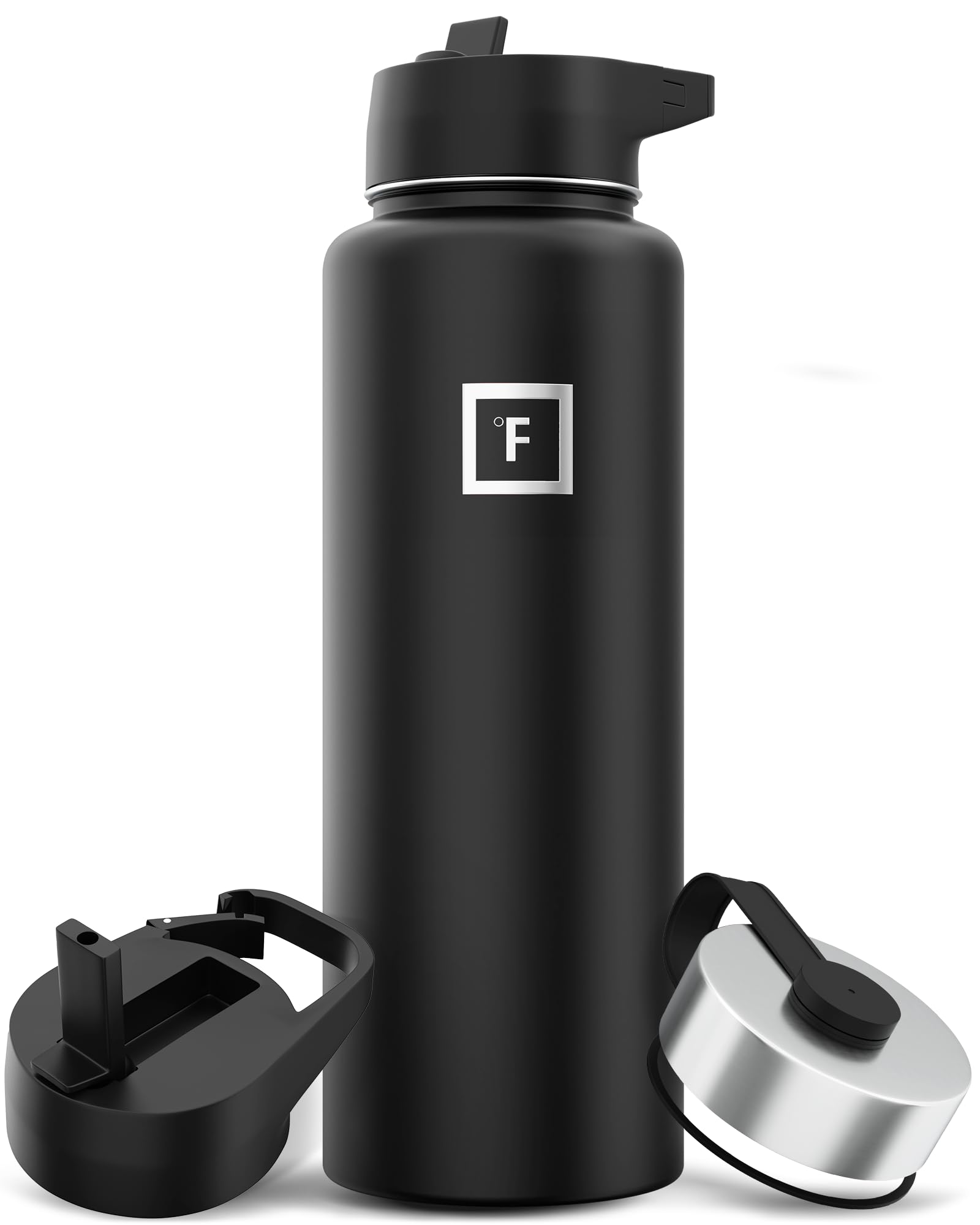 قارورة مياه IRON degreesFLASK للتخييم والمشي لمسافات طويلة مع 3 أغطية - زجاجة مياه من الستانلس ستيل، مزدوجة الجدران ومعزولة بالفراغ - مانعة للتسرب وخالية من مادة BPA (أسود منتصف الليل، مع مصاصة - 40 أونصة)