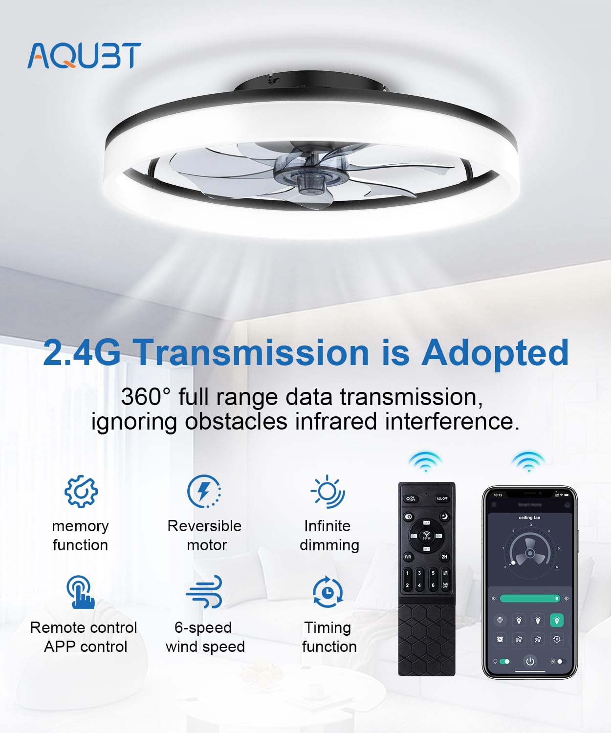 AQUBT Ceiling Fans with Lights and Remote, 20" Modern Low Profile Ceiling Fan with Light, Stepless Color Temperature Change and 6 Speeds for Bedroom, Kids Room and Living Room (Black)