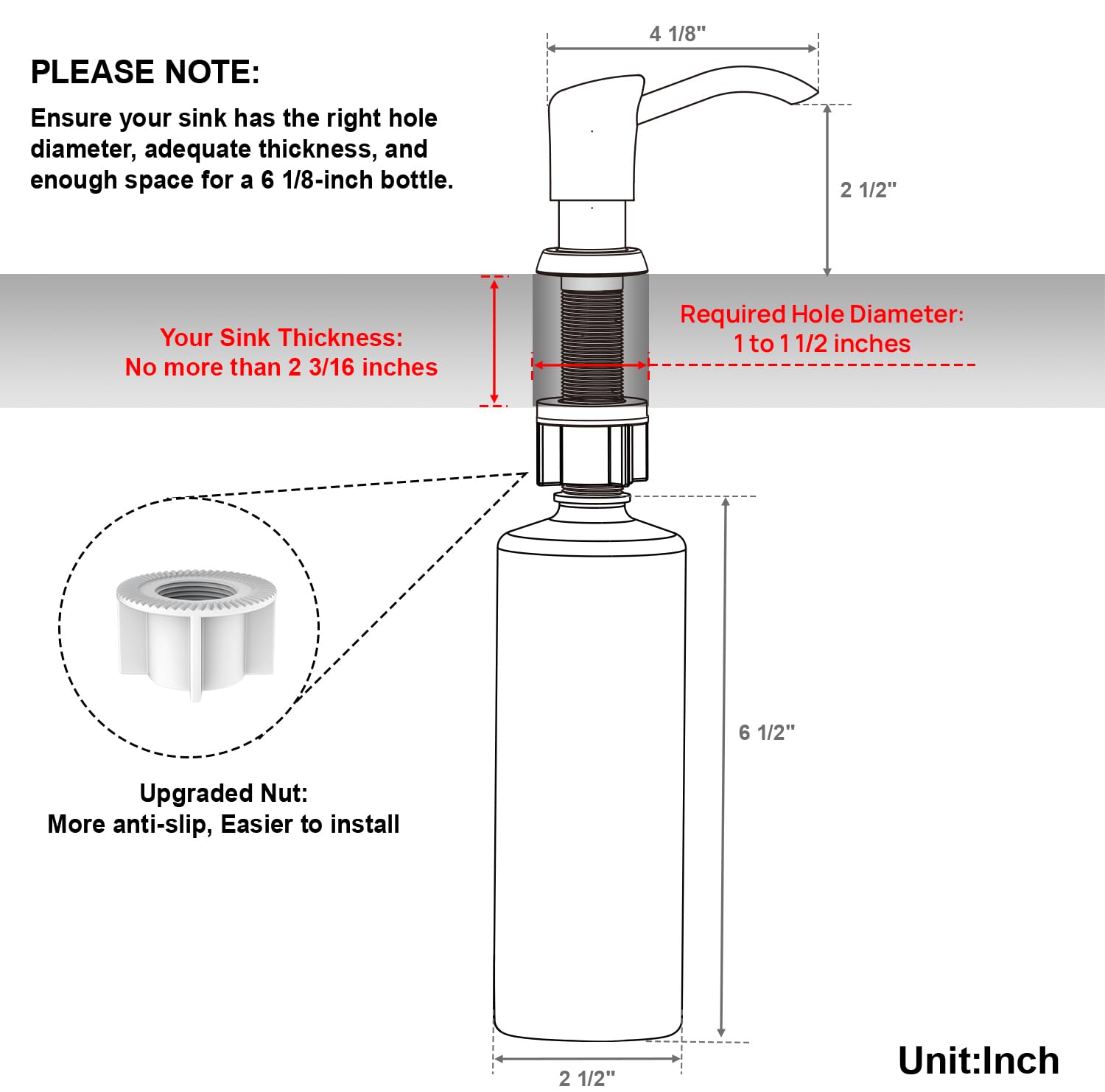 GAGALIFE Built in Sink Soap Dispenser or Lotion Dispenser for Kitchen Sink, Brushed Nickel ABS Pump Head, with 17 Ounce Large PET Soap Bottle