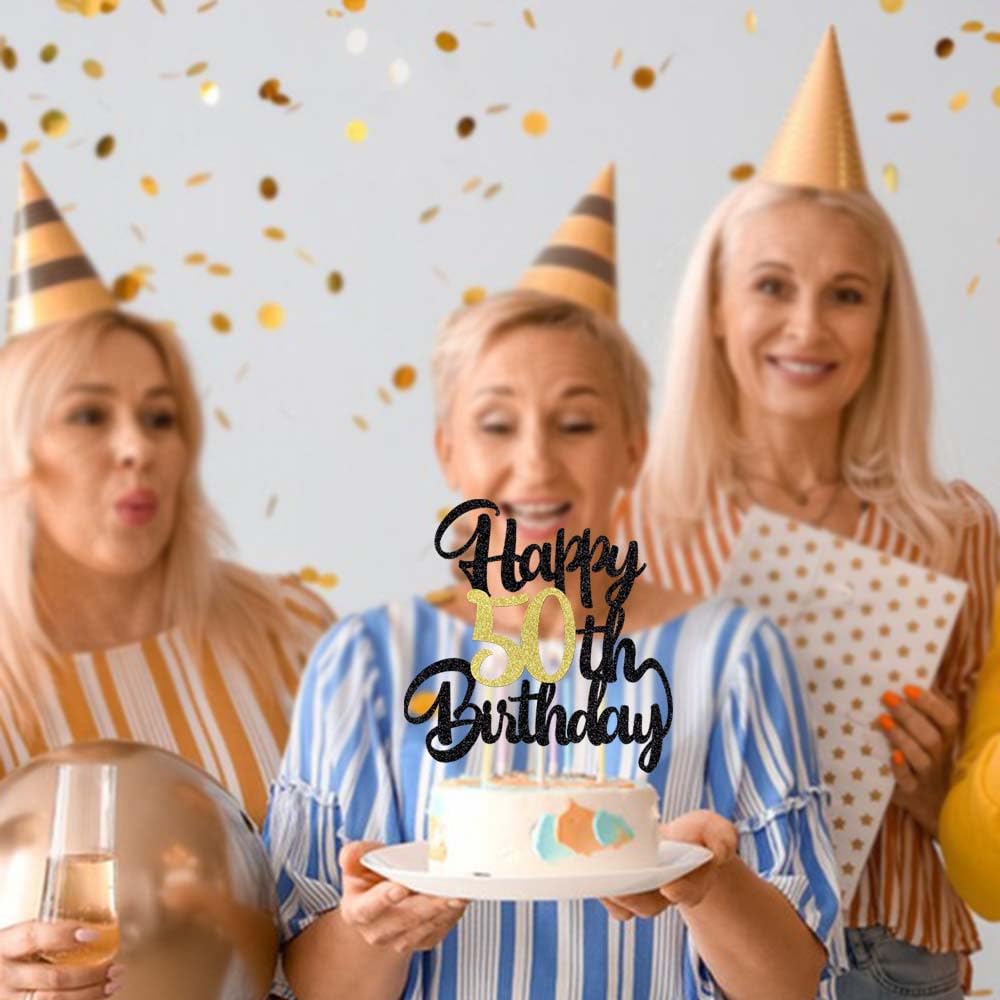 Klionjor 50th Happy birthday cake topper happy birthday cake decoration 50th birthday party decoration gift plugin (50) Black gold