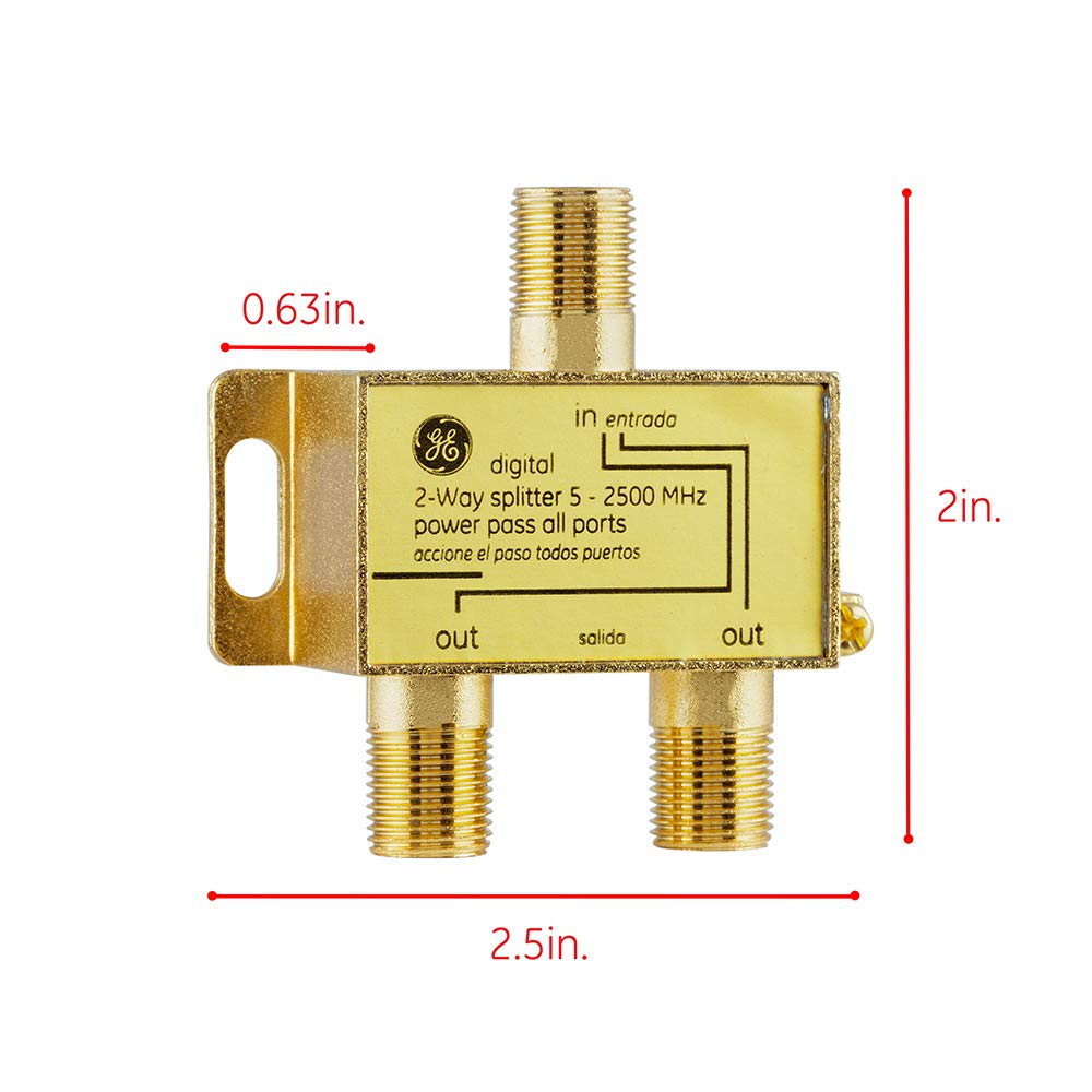 GE Digital 2-Way Coaxial Cable Splitter, 2.5 GHz 5-2500 MHz, RG6 Compatible, Works with HD TV, Satellite, High Speed Internet, Amplifier, Antenna, Gold Plated Connectors, Corrosion Resistant, 33526