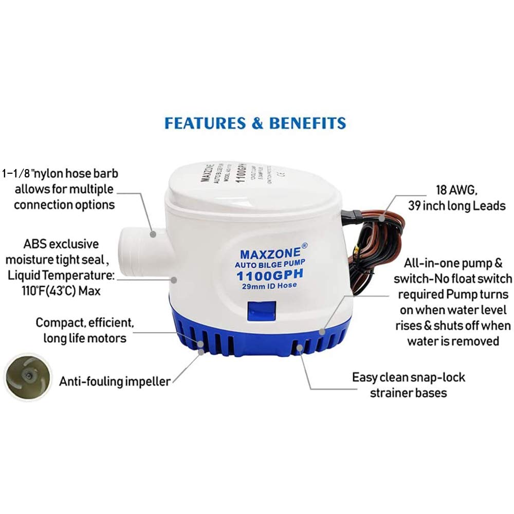 Automatic Submersible Boat Bilge Water Pump 12v 1100gph Auto with Float Switch, 1-1/8" Outlet, Compact Marine Boat Yacht