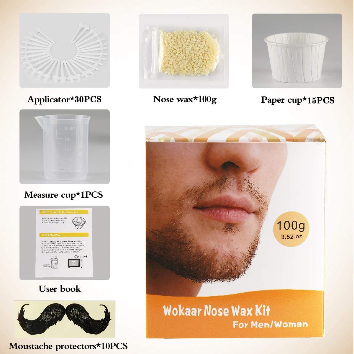 Wokaar Nose Wax Kit for Men & Women | 100g Wax, 30 Applicators (15-20 Uses) | Painless Nasal & Ear Hair Removal | Fast 3-Min Removal | Safe Hair Remover Kit for Nose & Ear Hair | Waxing Kit for Men