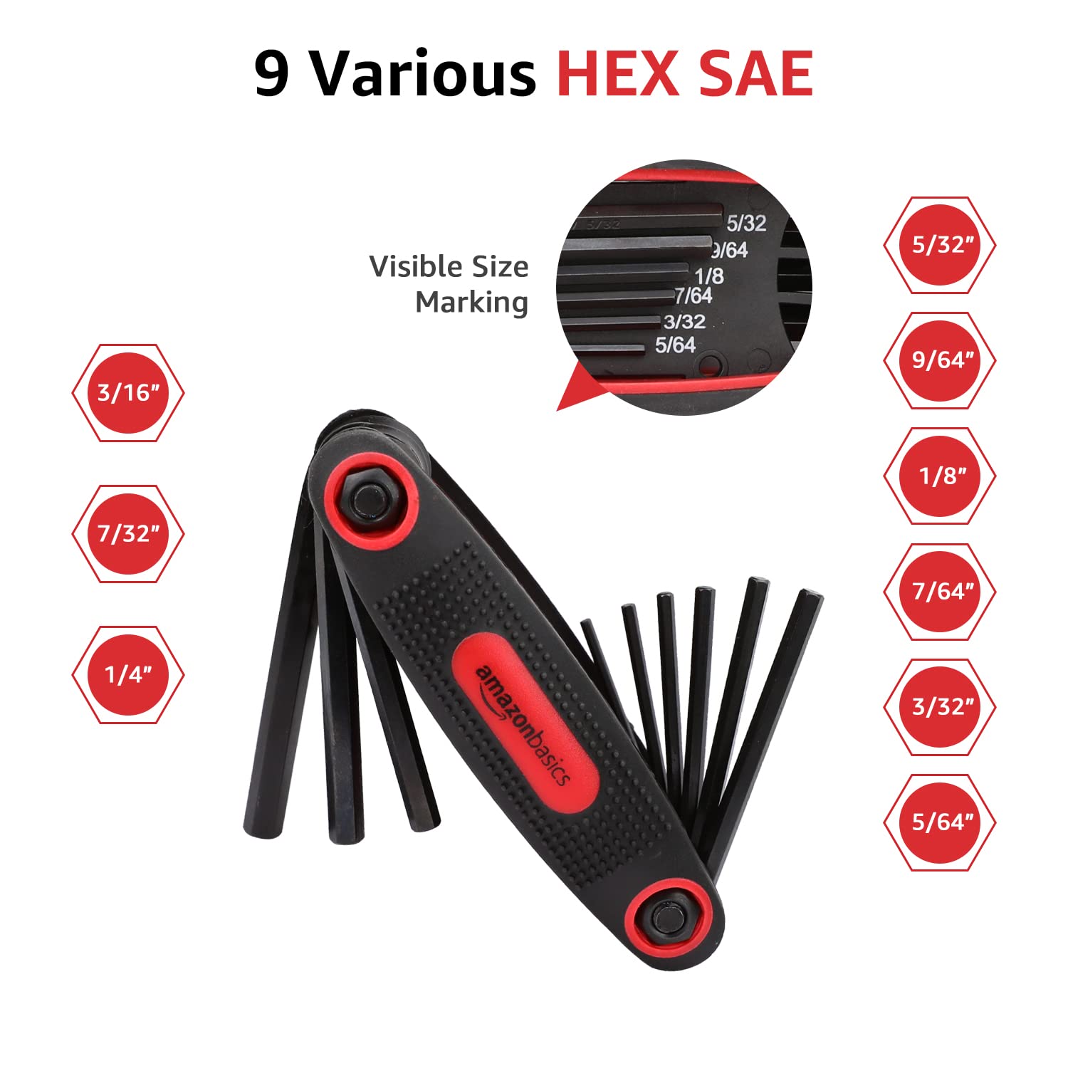 Amazon Basics Folding Hex Key Set, Metric, SAE, and Star Sizes, 3-Pack