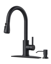FORIOUS Black Kitchen Faucet with Soap Dispenser and Pull Down Sprayer, Bar High Arc Single Handle Classic 3 Modes Stainless Steel Faucet for Kitchen Sink Farmhouse RV Laundry Camper