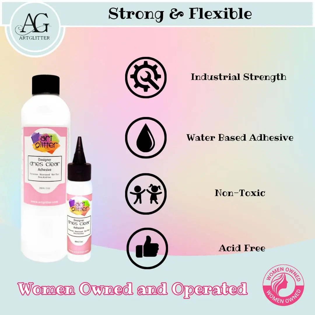 Art Institute Glitter Designer Dries Clear Adhesive Clear Glue Kit Bundle-3 Items 8oz,2oz and Metal Tip, Multicolored