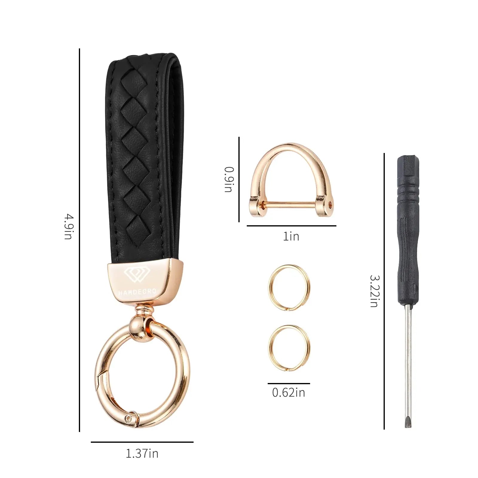 Genuine Leather Car Keychain, Handmade Knit Sheepskin Key chains for Women, Universal Key Fob Holder with 360 Degree Rotatable, Anti-Lost D-Ring, 2 Keyrings and 1 Screwdriver – Black