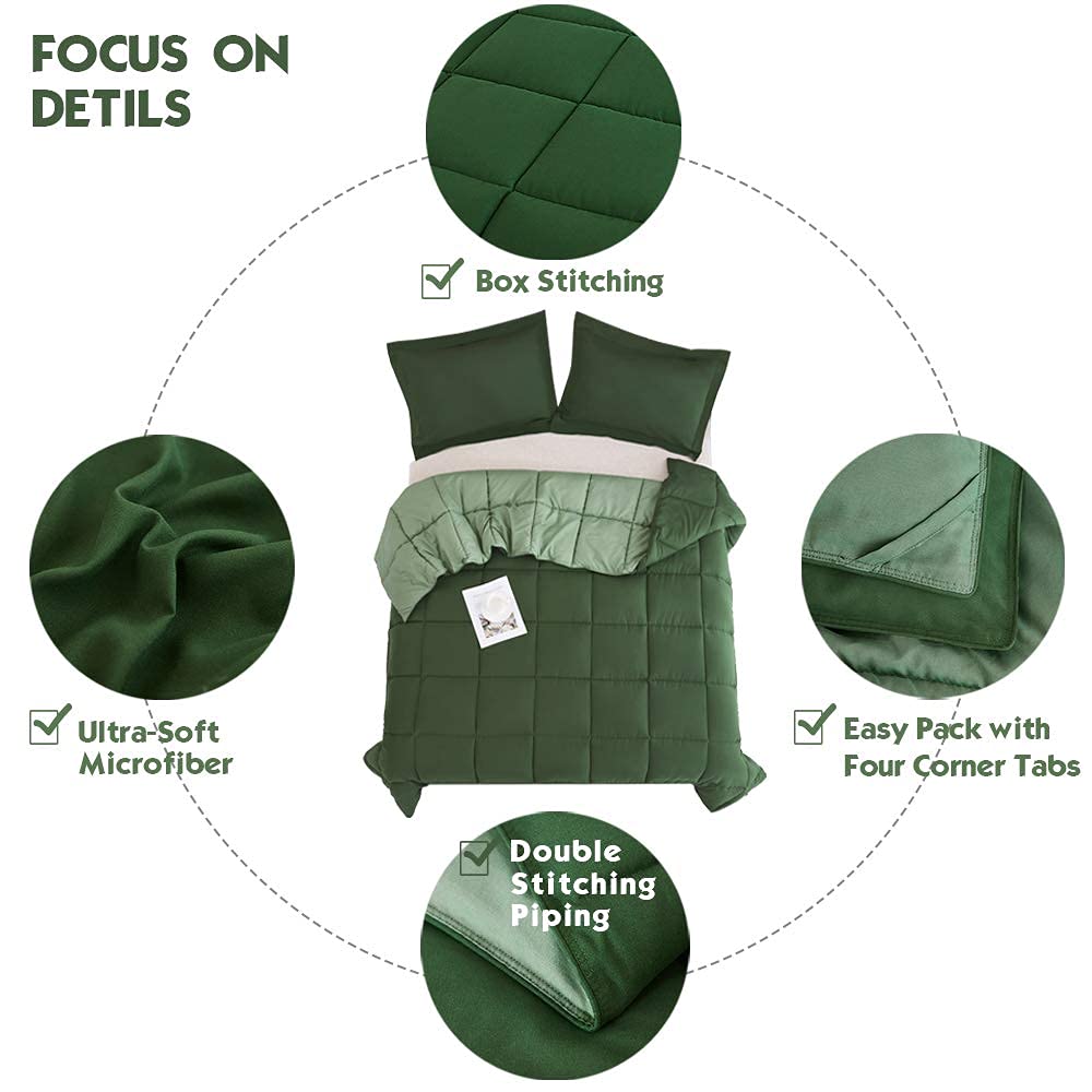 HIG 3pc Green Queen Comforter Set Duvet Insert, Reversible, All Season, Box Stitched, with Corner Tabs, Soft, Fluffy