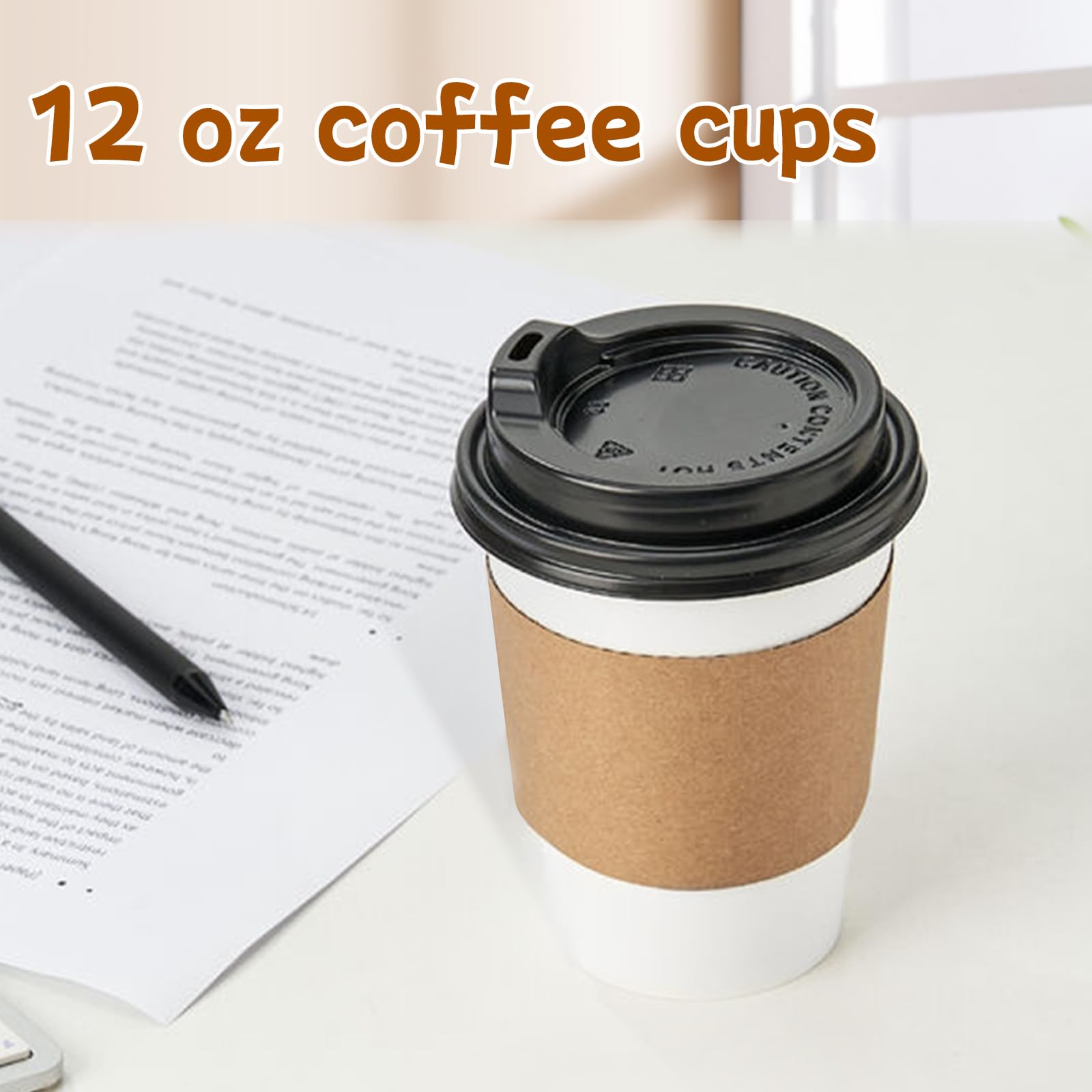 RACETOP 12 oz 50 pack Disposable Paper Coffee Cups with Lids and Sleeves