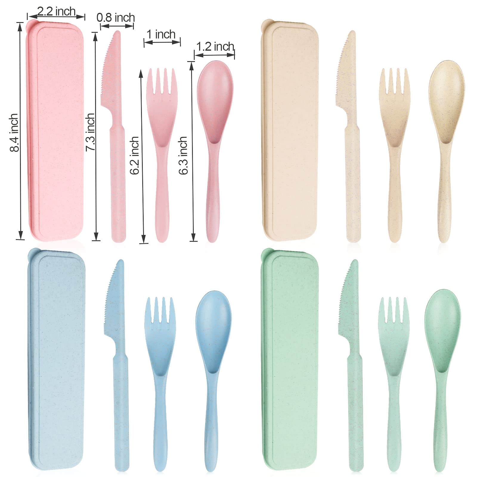 Reusable Travel Utensils Set with Case, 4 Sets Wheat Straw Portable Knife Fork Spoons Tableware, Eco-Friendly BPA Free Cutlery for Kids Adults Picnic Camping Utensils(Green, Beige, Pink, Blue)