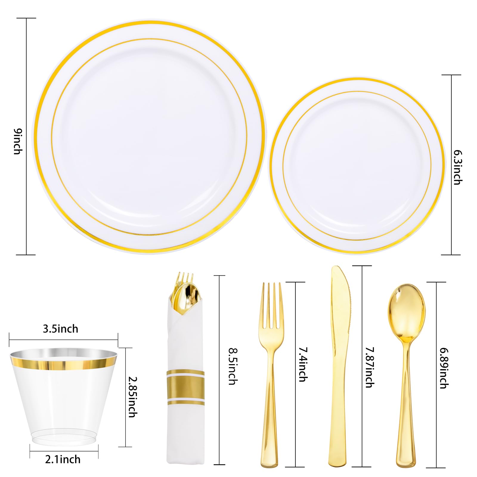 WDF Partyware 350Piece Gold Dinnerware Set for 50 Guests - Gold Plastic Plates with Disposable Cutlery Include:50Dinner Plates-50Dessert Plates-50Pre Rolled Napkins with Silverware for Thanksgiving