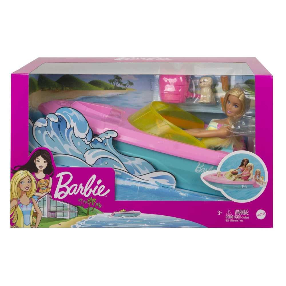 Barbie Doll & Toy Boat Playset with Pet Puppy, Life Vest & Beverage Accessories, Fits 3 Dolls & Floats in Water