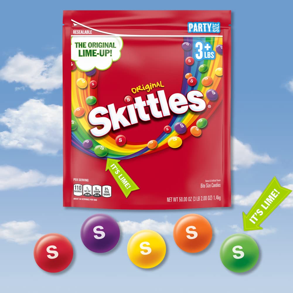 SKITTLES Original Summer Chewy Candy, Party Size, 50 Oz Resealable Bulk Candy Bag