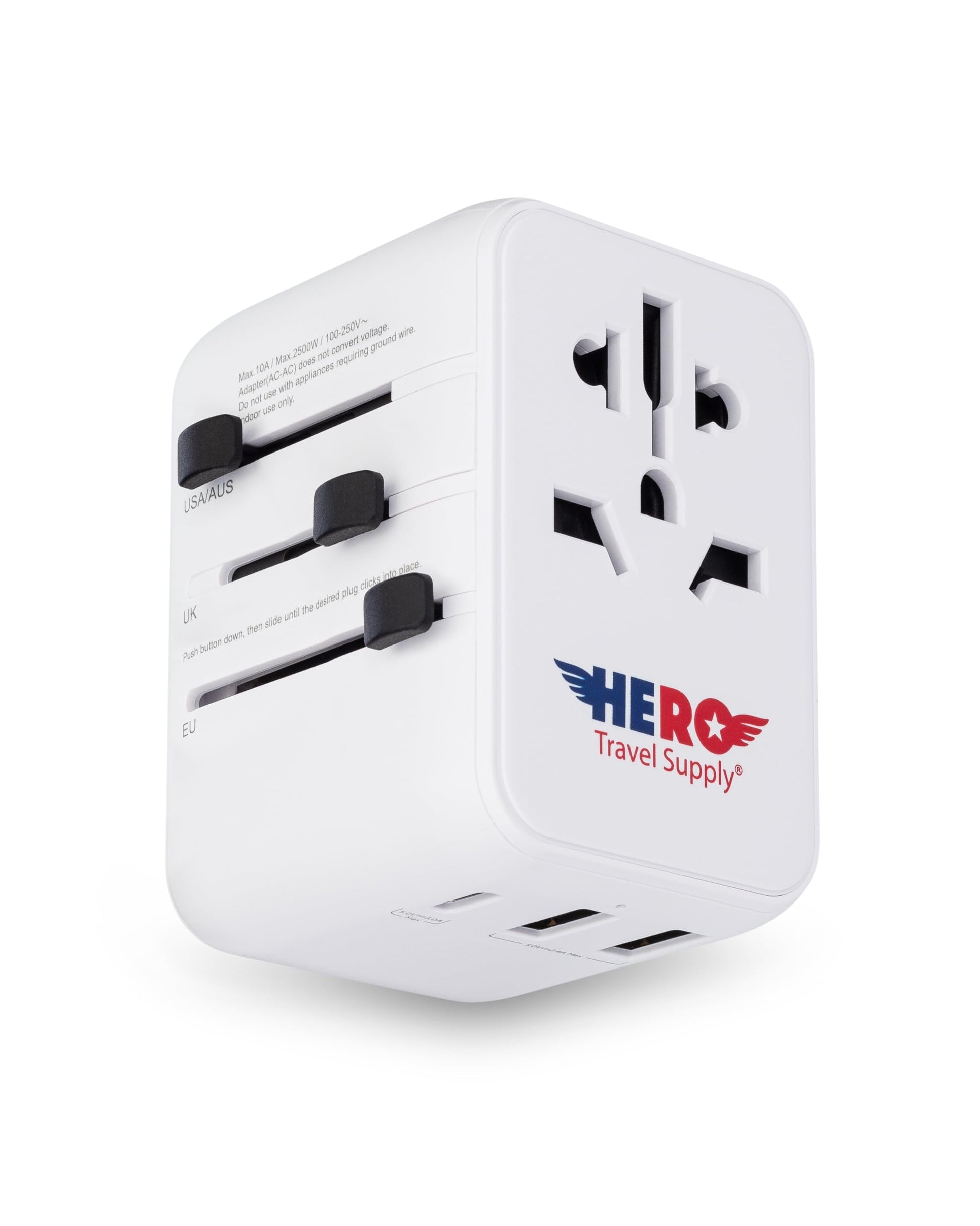 Hero Universal Travel Adapter – Power Plug for US Europe France UK Ireland Thailand NZ Australia 100+ Countries | 2 USB-A & 1 USB-C