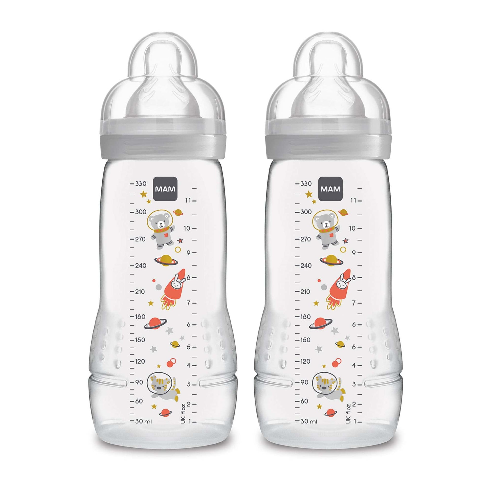 MAM Easy Active Baby Bottles 11oz, Fast Flow Skinsoft Silicone Nipple with Wide Neck Ergonomic Design, Easy to Hold, BPA-Free, Bottles with Leak-Proof Caps for 4+ Months Baby