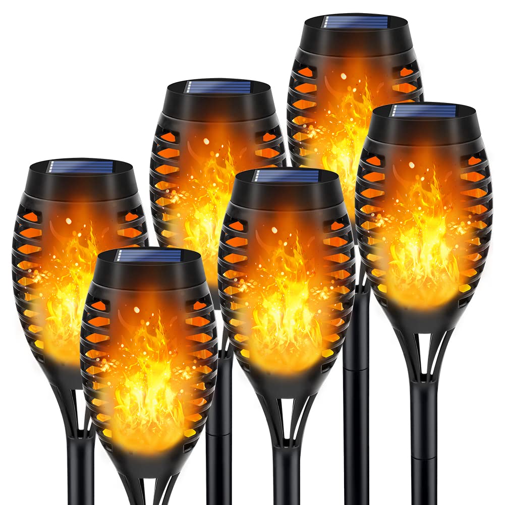 Outdoor Solar Lights, 6Pack Solar Torch Light with Flickering Flame, Halloween Lights Outdoor for Halloween Decor, Flame Torches for Outside, Luces Solares para Exteriores Pathway Yard Garden Decor