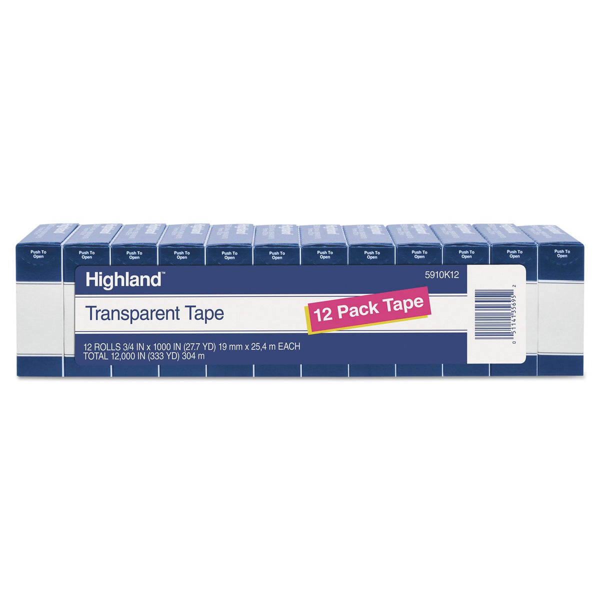 Highland Transparentes Klebeband, 19 mm x 25,4 m, 25,4 mm Kern, klar, 12 Rollen/Packung (5910K12)