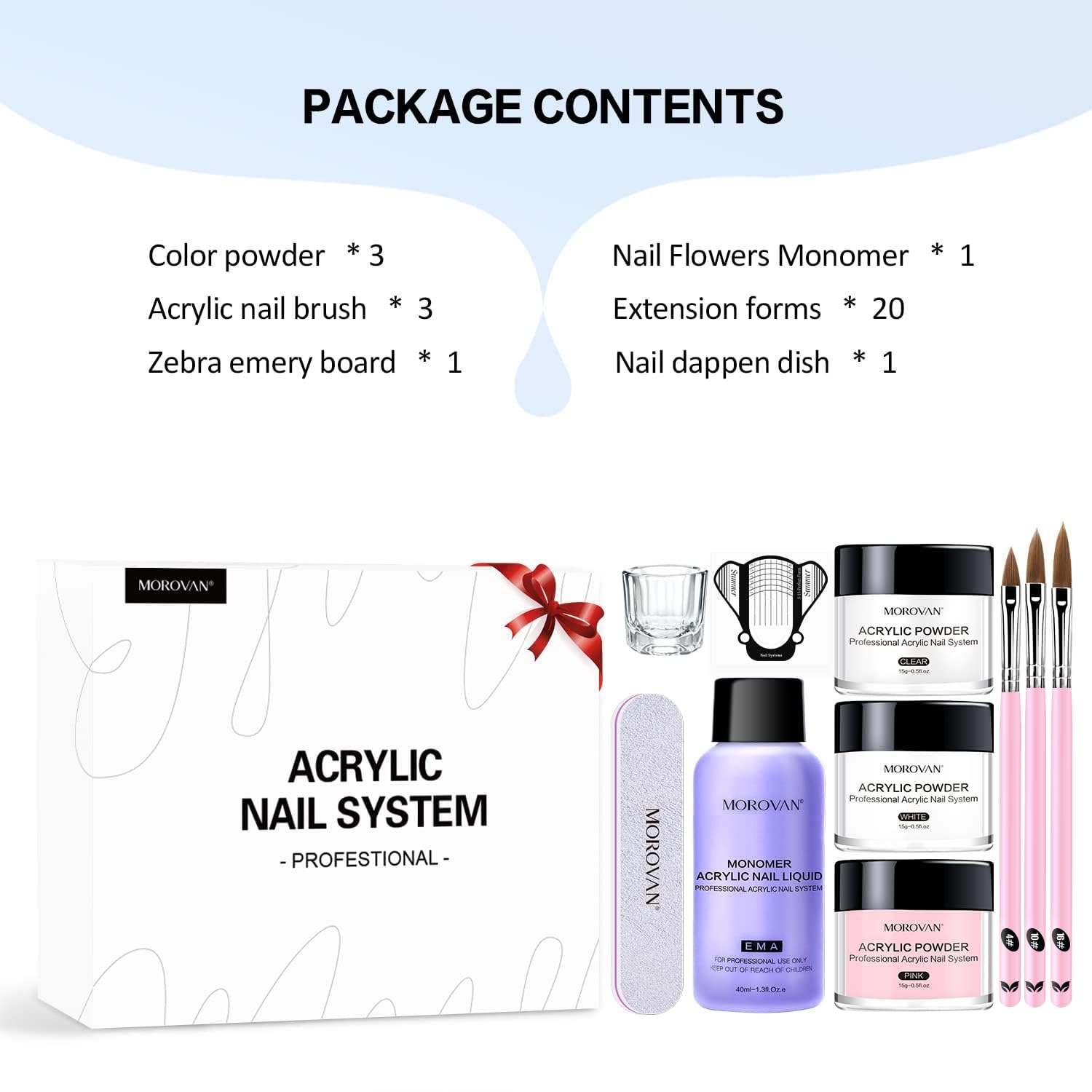 Morovan Acrylic Nail Kit: Clear Pink White Powder and Professional Liquid Set for Nail Extension - DIY at Home With Brush for Beginners