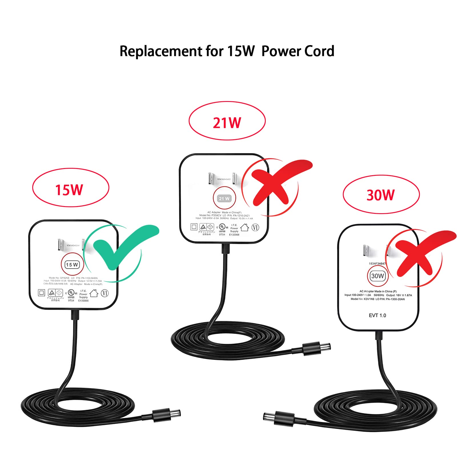 White Power Cord Replacement for Alexa Dot 3rd Gen, Dot 4th Gen, Dot 5th Gen 2022, Echo Pop 15W Power Adapter Charger