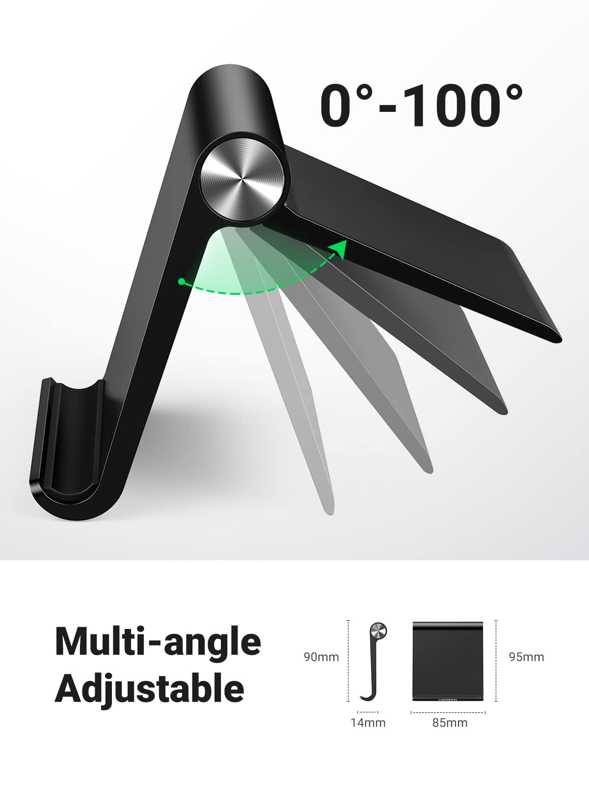 UGREEN Cell Phone Stand for Desk Phone Holder Foldable Portable Adjustable Compatible with iPhone 17 Air 16 15 14 13 Pro Max, iPhone 12 11 Plus SE XS XR 8 7, Office Desk Travel Accessories, Black