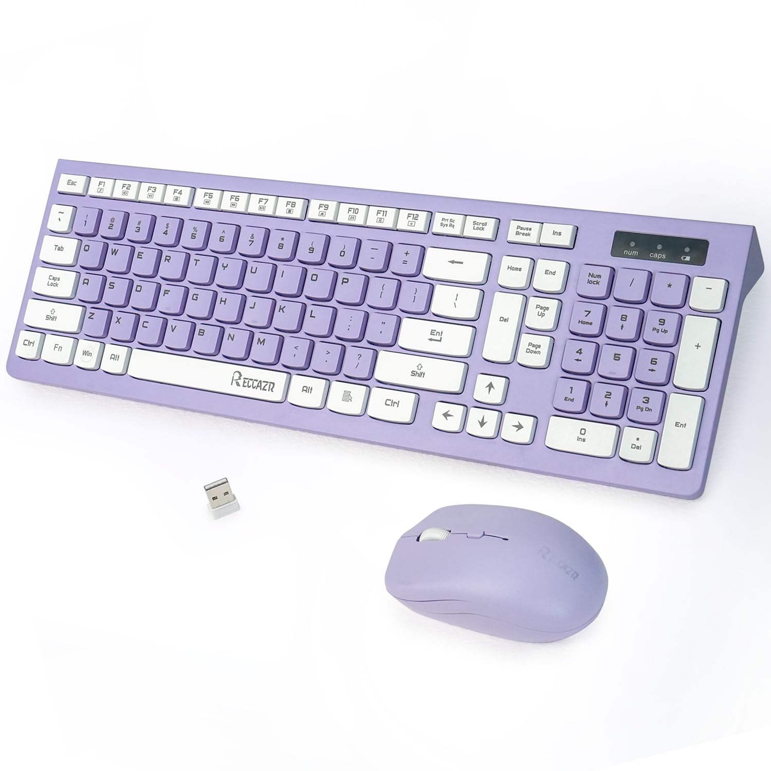 RECCAZR Wireless Keyboard and Mouse Combo, Full-Sized Wireless Keyboard and Adjustable DPI Mouse, 2.4GHz USB Receiver, Wireless Keyboard and Mouse for PC, Windows, Desktop, Laptop (Purple)