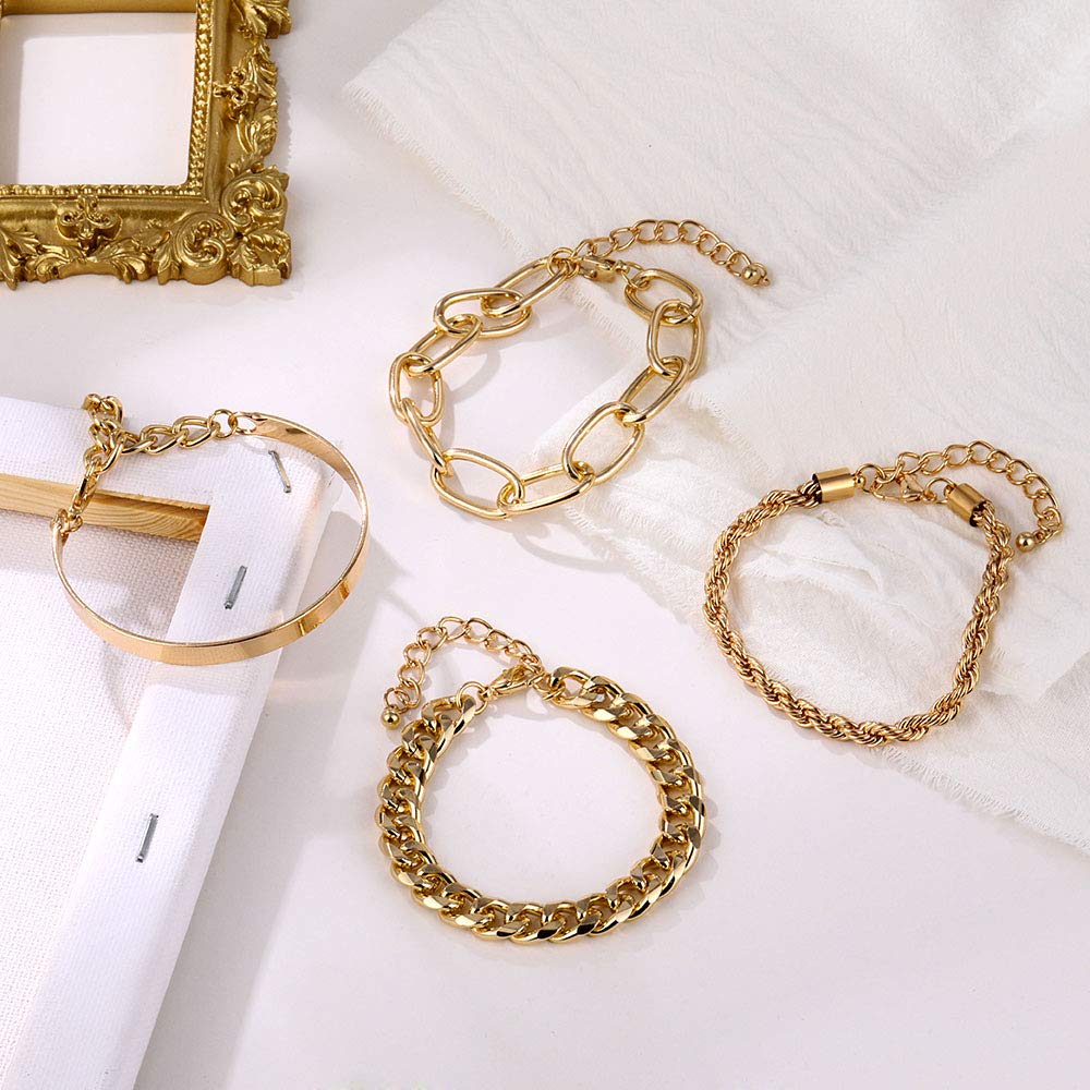 IFKM Gold Bracelets for Women, 14K Gold Plated Dainty Layered Chain Bracelets Adjustable Cute Bangle Link Bracelet Set (4 PCS Gold Plated)