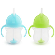 Munchkin Any Angle Sippy Cups for Toddlers, Spill Proof Weighted Straw Cup with Transition Handles for Babies 6 Months and Up, 2 Pack, Blue/Green