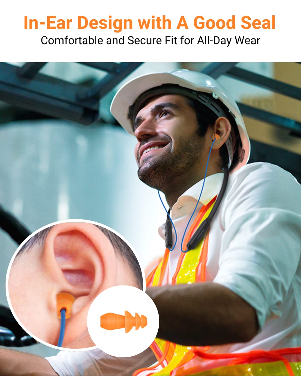 HomeSpot Noise Reduction Wireless Neckband Headphones with Qualcomm aptX HD, 27dB NRR, CVC Noise Cancelling Mic & Controls and 20H Playtime for Work Safety OSHA Compliant - Blue Wire Orange Earbuds