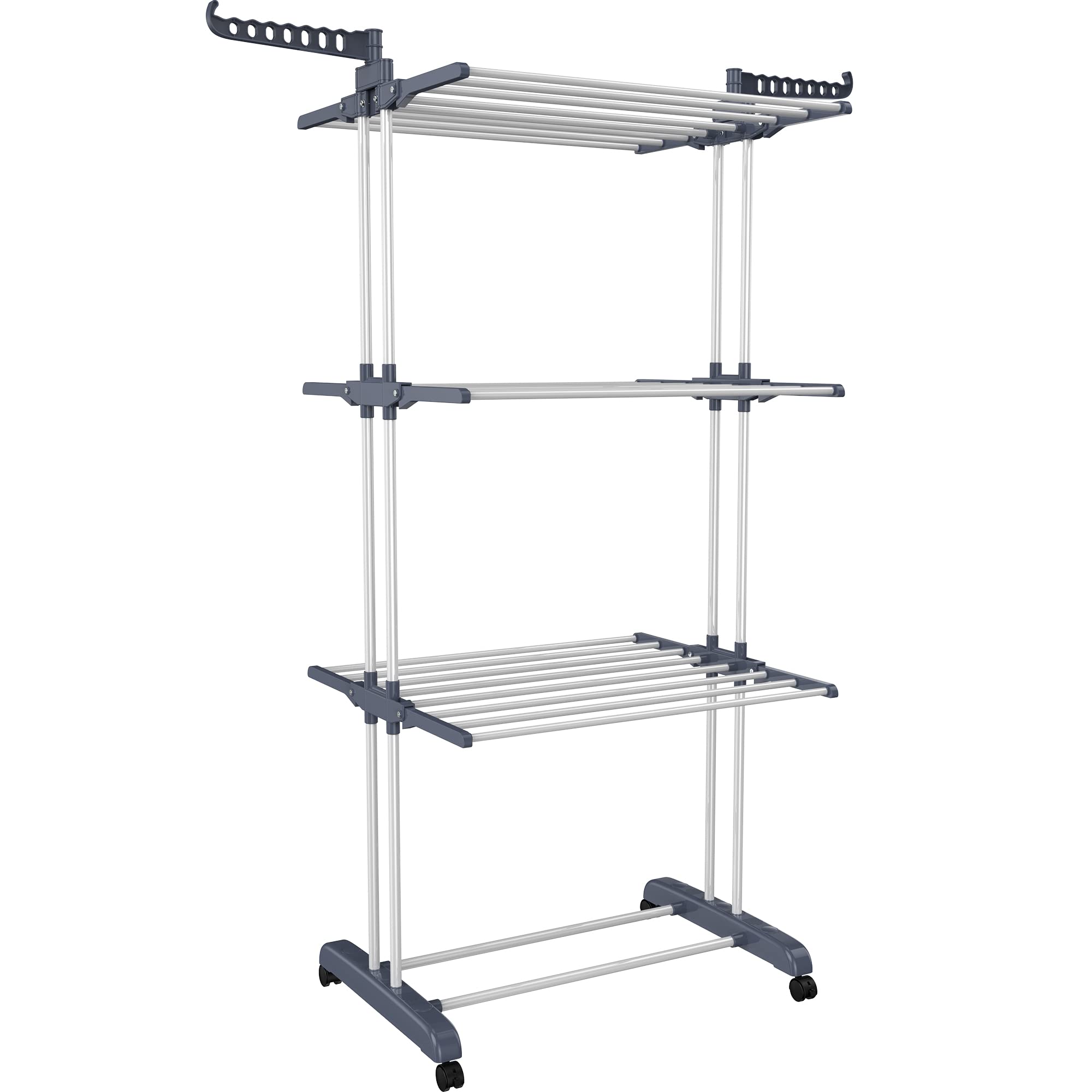 HOMIDEC Clothes Drying Rack, Oversized 4-Tier(67.7" High) Foldable Stainless Steel Drying Rack Clothing, Movable Drying Rack with 4 castors, 24 Drying Poles and 14 Hooks for Bed Linen, Clothing, Grey