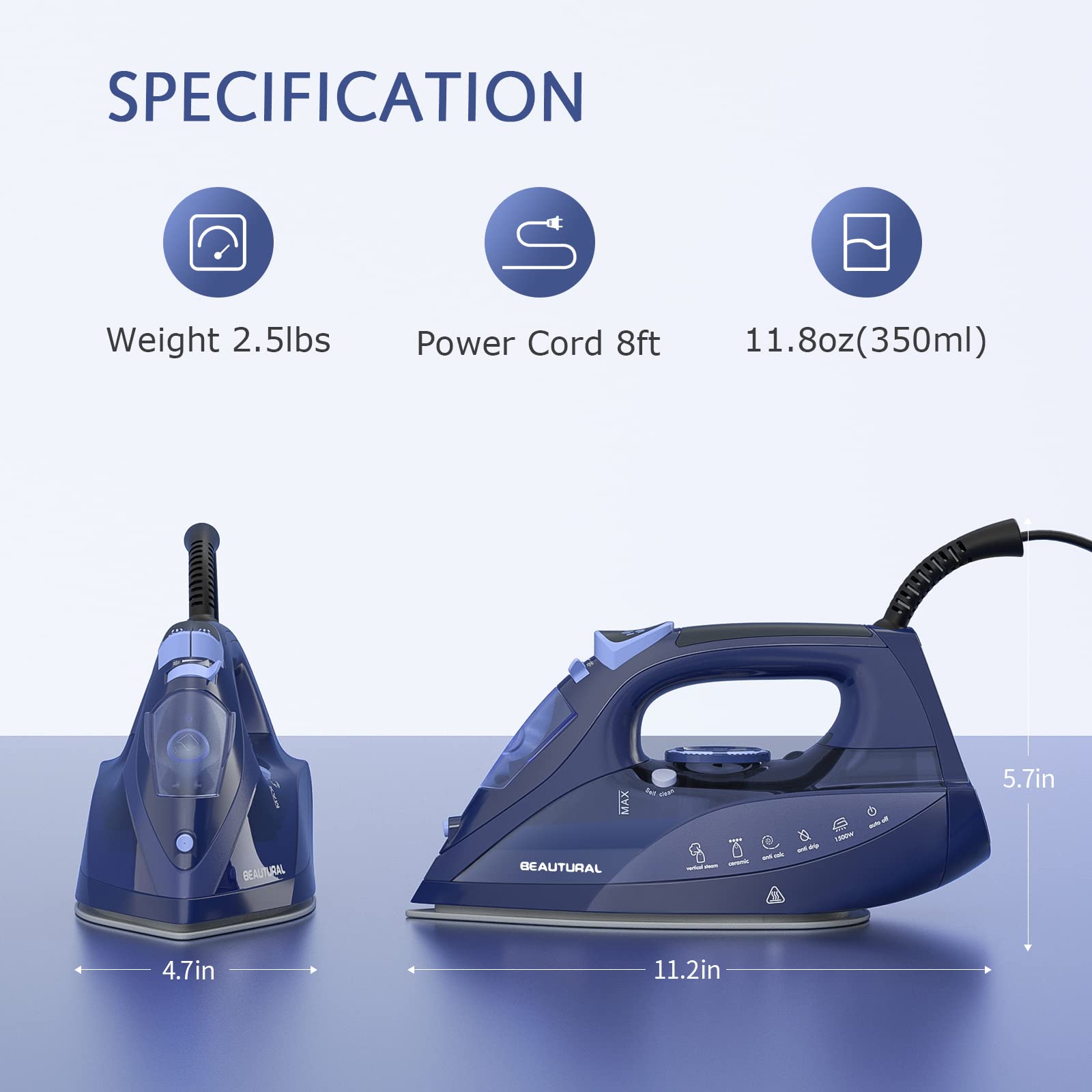 BEAUTURAL Steam Iron for Clothes with Precision Thermostat Dial, Ceramic Coated Soleplate, 3-Way Auto-Off, Self-Cleaning, Anti-Calcium, Anti-Drip Blue