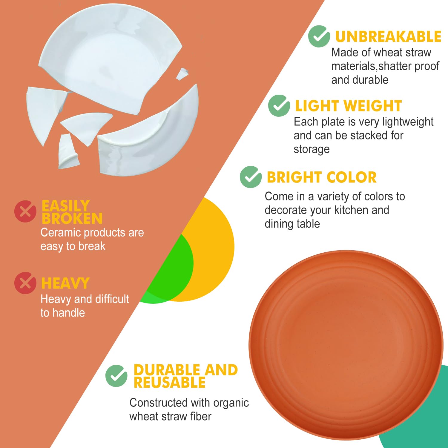 Homienly Deep Dinner Plates Set of 8 Alternative for Plastic Plates Microwave and Dishwasher Safe Wheat Straw Plates for Kitchen Unbreakable Kids Plate Set with 4 Colors (Classic Bright, 9 inch)