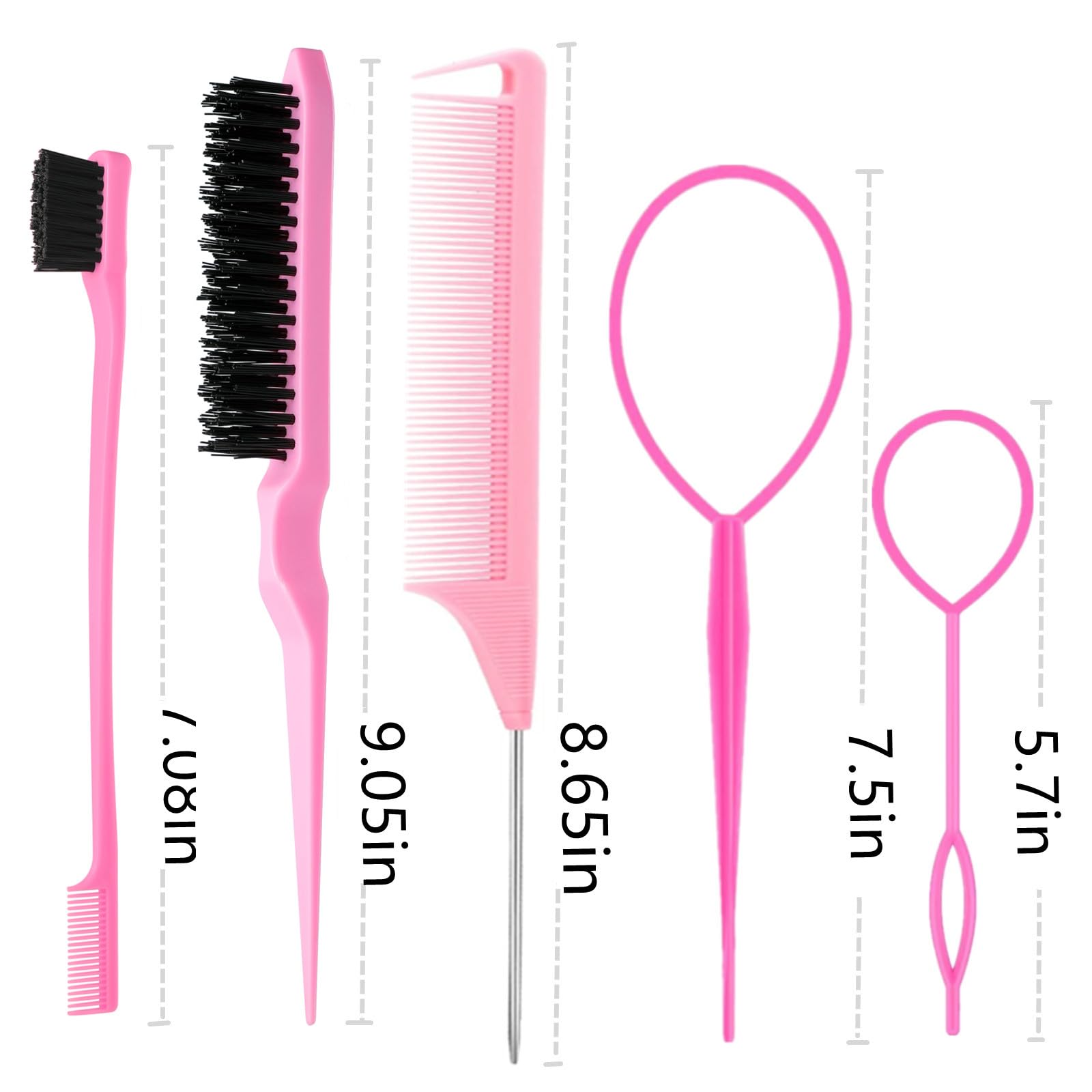 ZVOREI 8Pcs Hair Brushes Set with 4Pcs Topsy Hair Tail Tools 1Pcs Bristle Teasing Hair Brush 1Pcs Edge Control Brush 2Pcs Metal Pin Rat Tail Combs for Woman Girl Styling,Edge&Back Brushing Pink