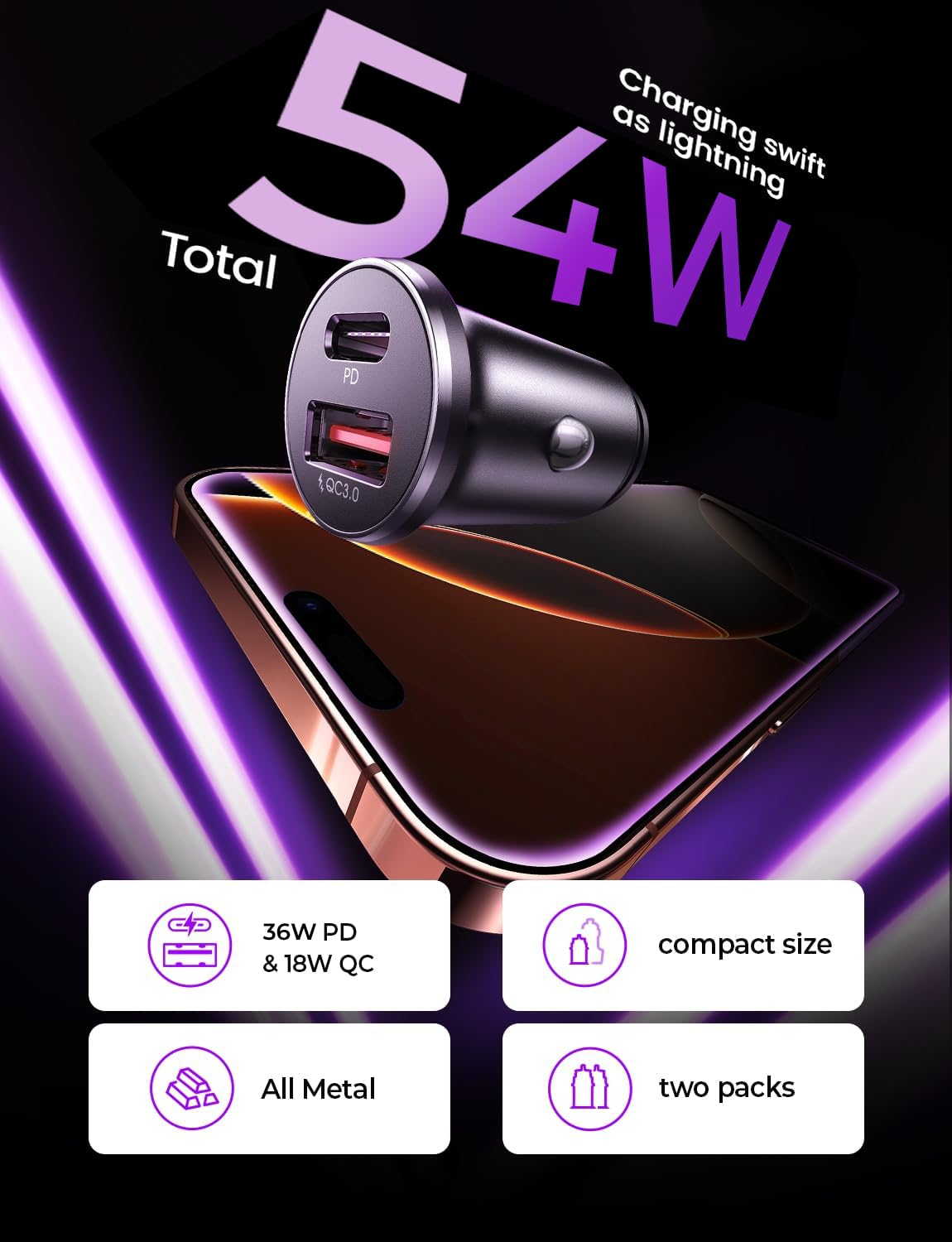 LISEN 54W Car Phone Charger USB C, Cigarette Lighter Adapter, Car Accessories for iPhone, USB C Car Charger Adapter USBC Type C 12v, for iPhone 17 Pro Max 16 15 14 13 12, Samsung Google iPad Andorid