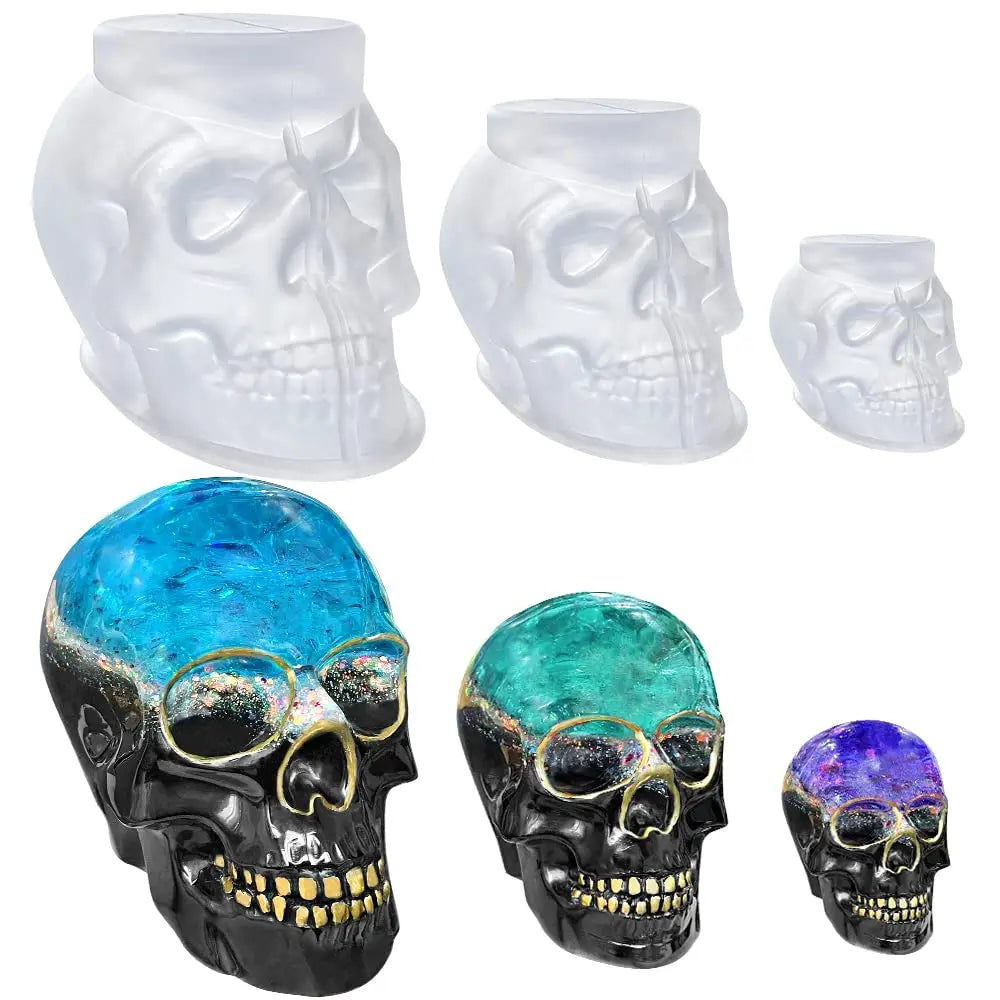 RESINWORLD Set aus großen + mittleren + kleinen 3D-Schädel-Harzformen, flexiblen transparenten Silikonschädelkopf-Formen, Silikonformen für Harz, Seife, Ton, Kerzenwachsguss, Halloween-Wohndekoration